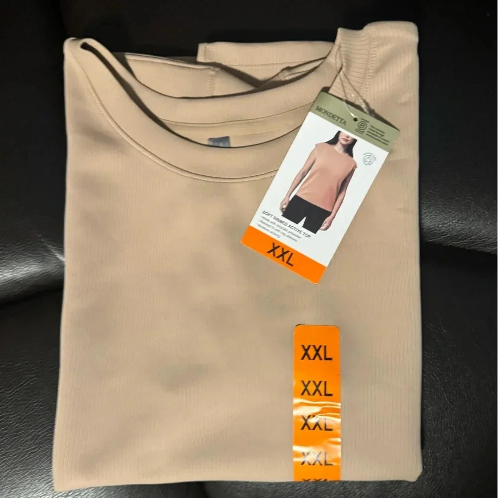 Mondetta Ladies' Soft Ribbed Short Sleeve Active Top, New Taupe (Tan) XXL